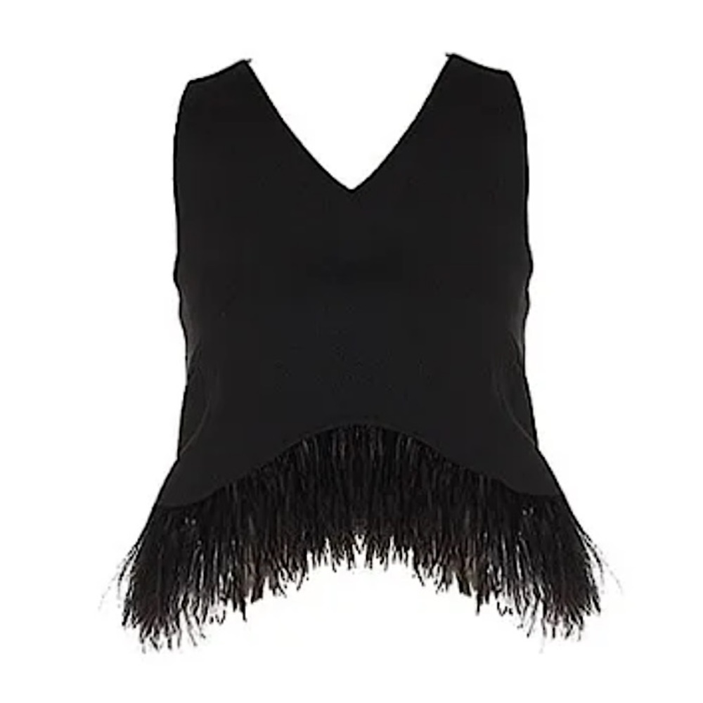 FRINGE TRIM Black Ostrich Feather Hem Sleeveless V-Neck Crop Top L
